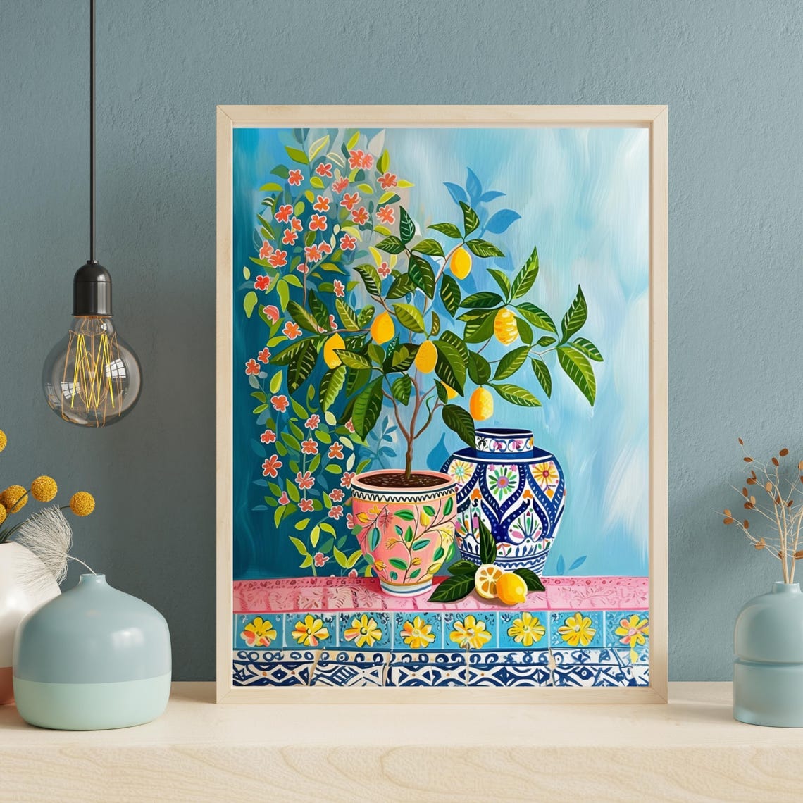 Potted Lemon Tree on Painted Tile Mediterranean Still Life Poster - Image 2