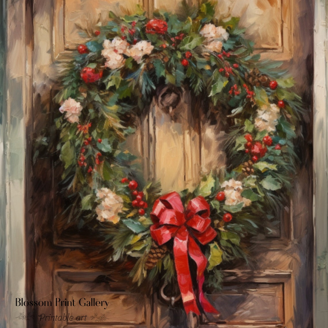 Christmas Wreath On Rustic Wooden Door With Red Bow Painting Poster - Image 3