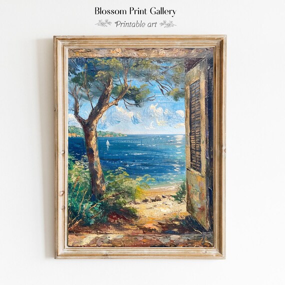 Mediterranean Sea View Through Old Doorway Coastal Vintage Seascape Poster