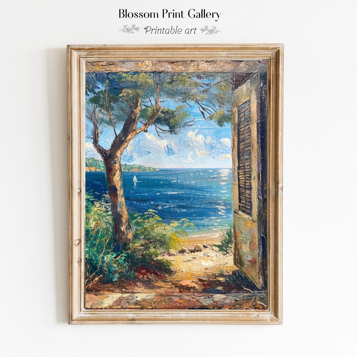 Mediterranean Sea View Through Old Doorway Coastal Vintage Seascape Poster