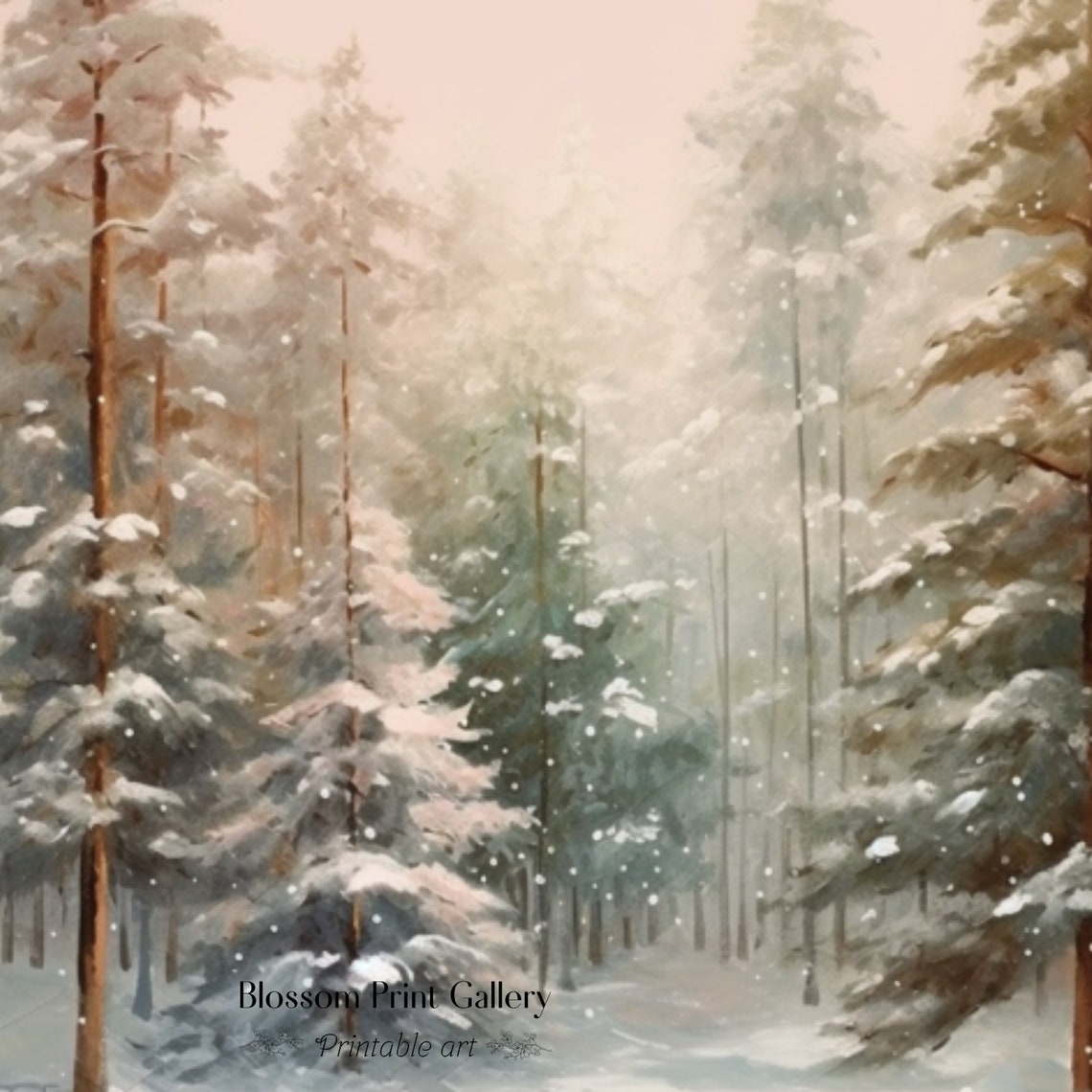 Misty Snowy Pine Forest In Soft Blush Tones With Falling Snow Print - Image 3