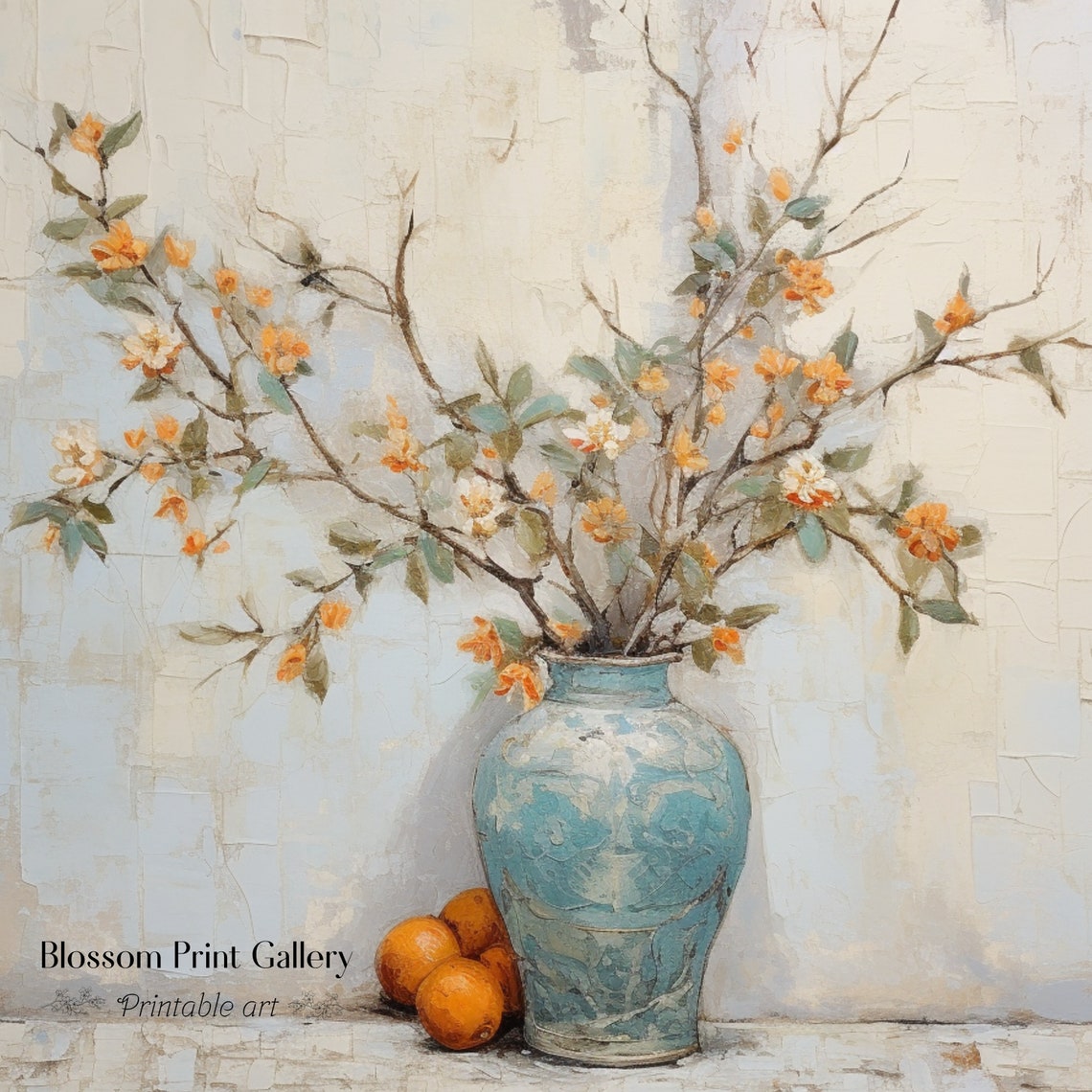 Orange Blossom Branches Turquoise Vase Still Life Painting Poster - Image 3