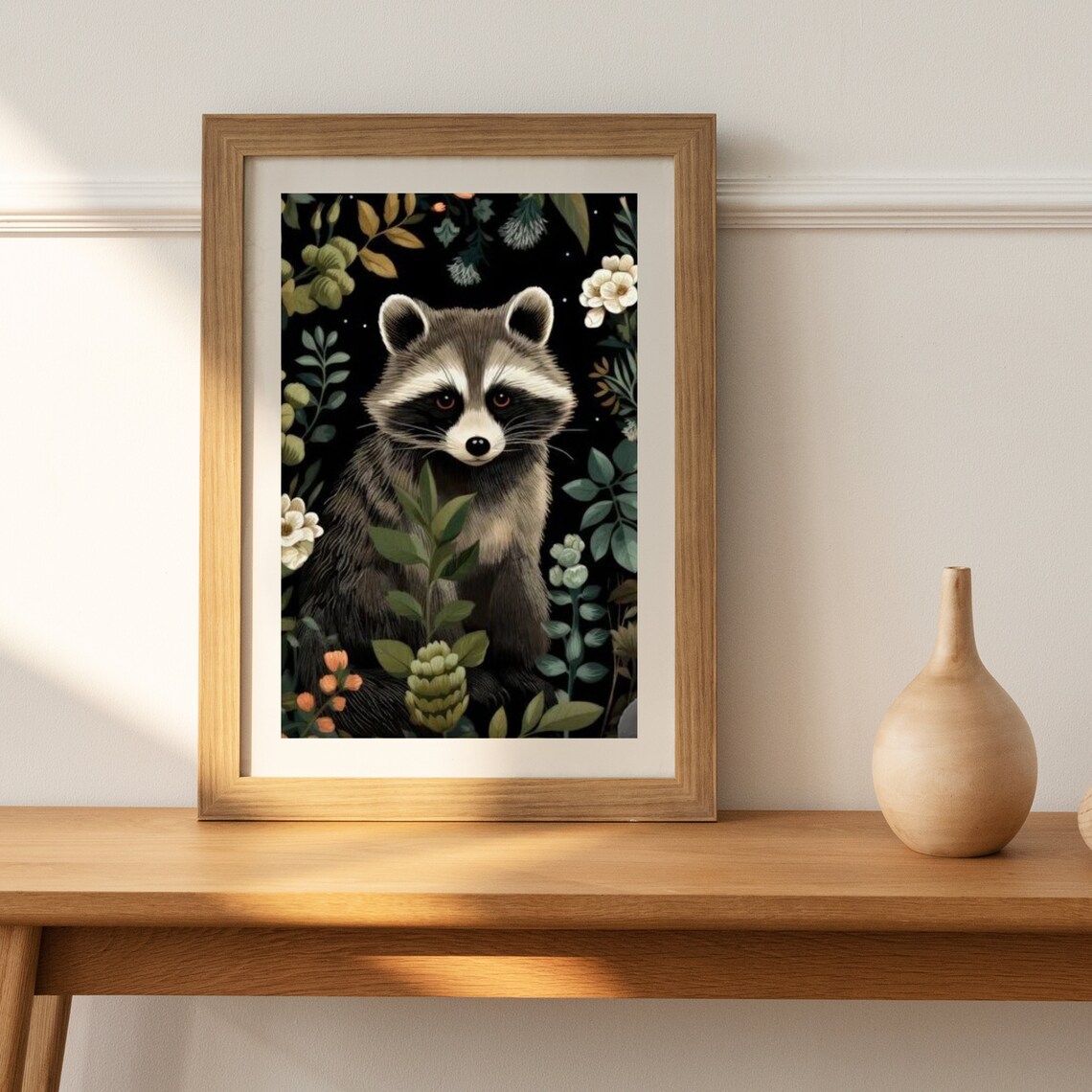 Raccoon Among Flowers Dark Botanical Folk Art Cute Woodland Animal Poster - Image 2