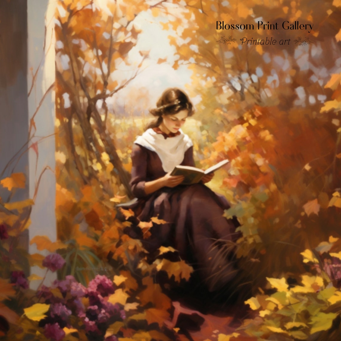 Woman Reading On Autumn Porch Golden Foliage Painting Poster - Image 4