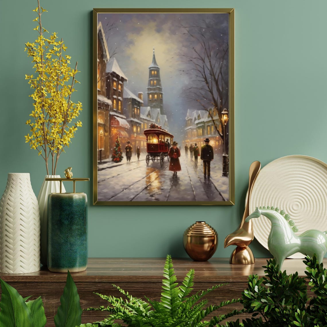 Victorian Christmas Street With Horse Drawn Trolley In Snowfall Poster - Image 6