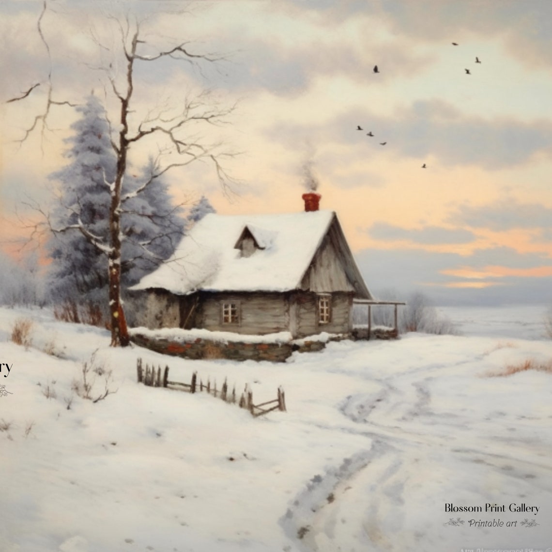Rustic Winter Cabin At Sunset Birds Vintage Landscape Art Poster - Image 4
