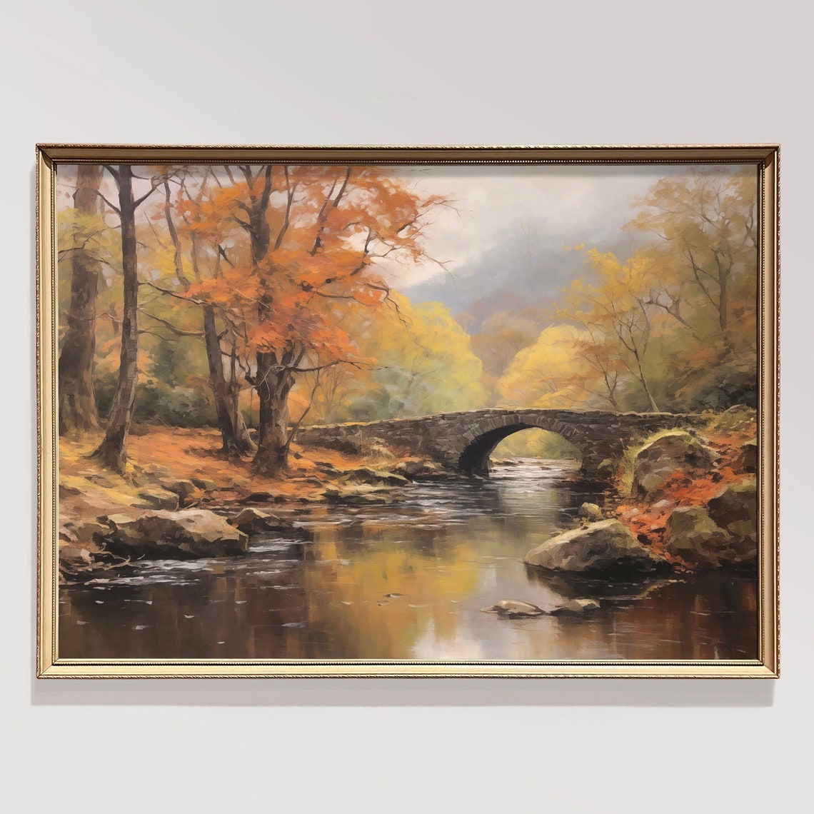 Autumn River Stone Arch Bridge Fall Foliage Landscape Poster