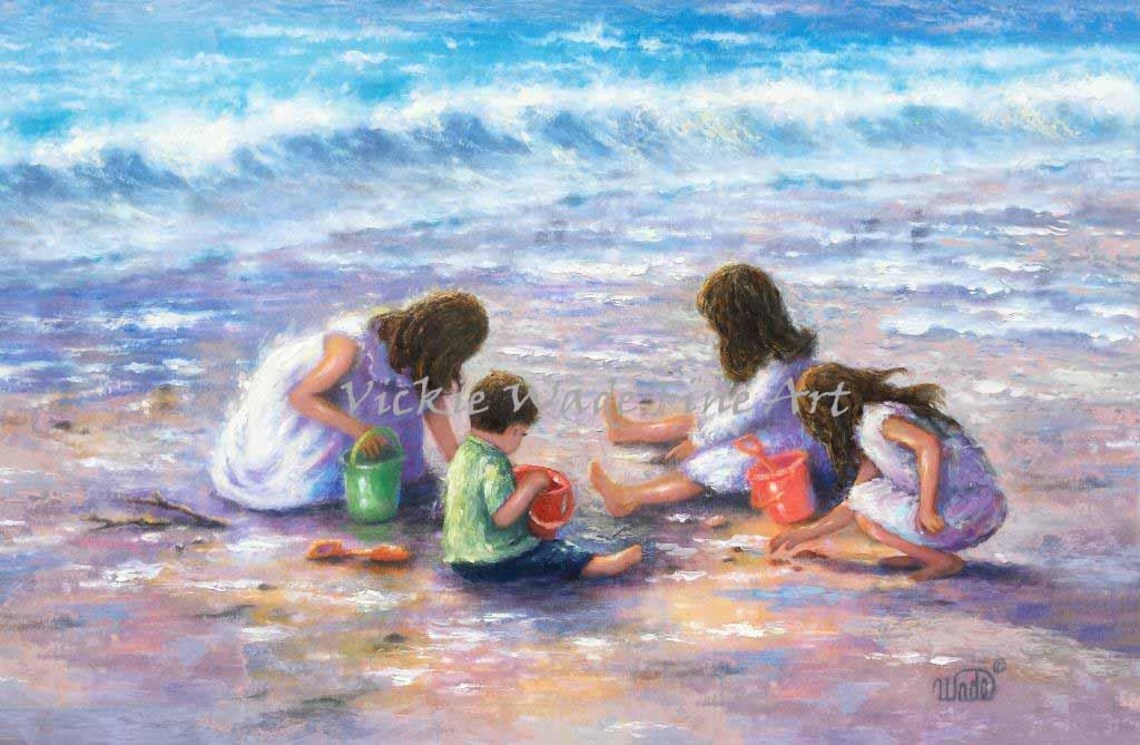 Four Children Playing with Colorful Sand Buckets on the Beach Poster