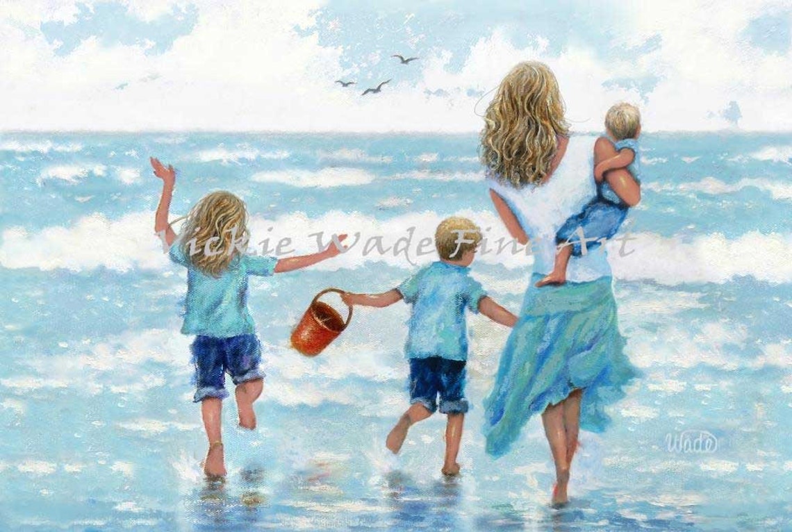 Blonde Mother with Three Children Playing in the Surf Poster