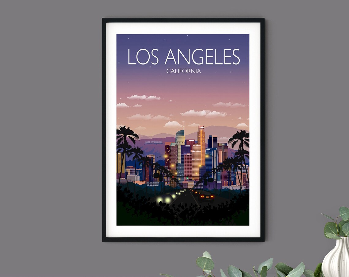 Los Angeles California Downtown Dusk Hollywood Sign Skyline Poster - Image 3