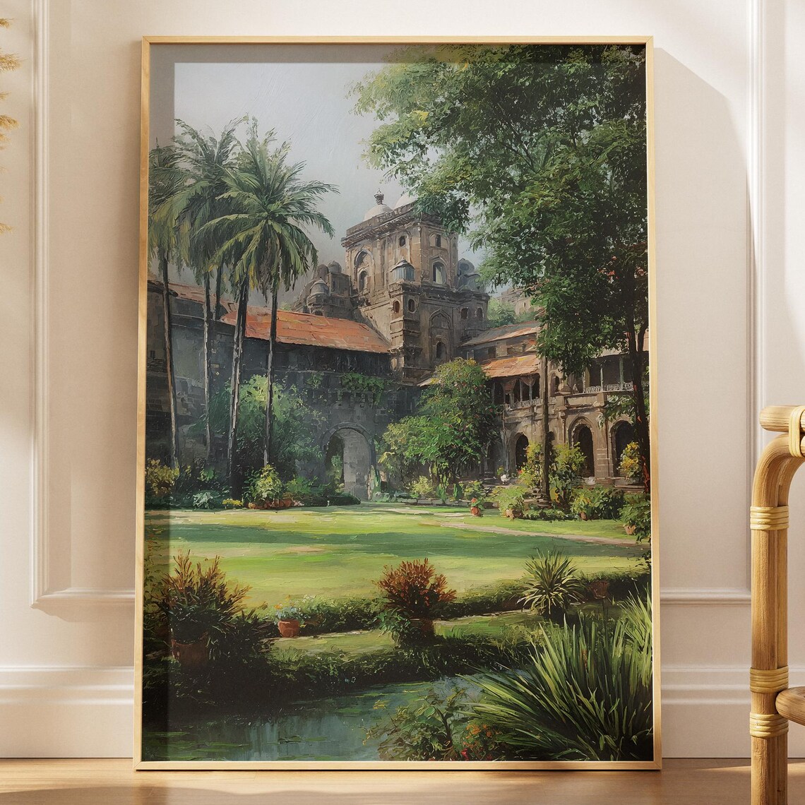 Colonial Hacienda Courtyard Palm Trees Historic Bell Tower Painting Poster