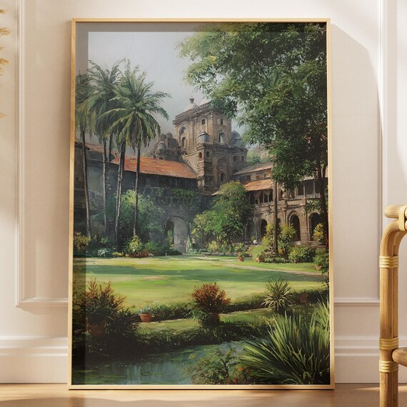 Colonial Hacienda Courtyard Palm Trees Historic Bell Tower Painting Poster