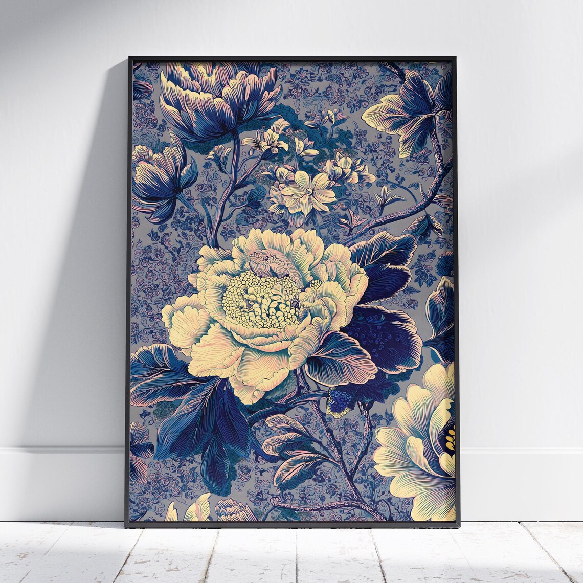 Vintage Blue Gold Peony Botanical Floral Antique Style Poster