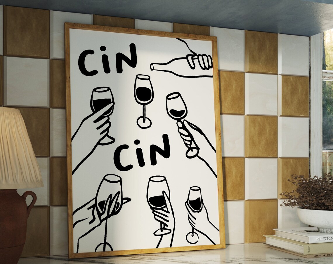 Cin Cin Wine Cheers Hands Toasting Glasses Black Line Art Poster