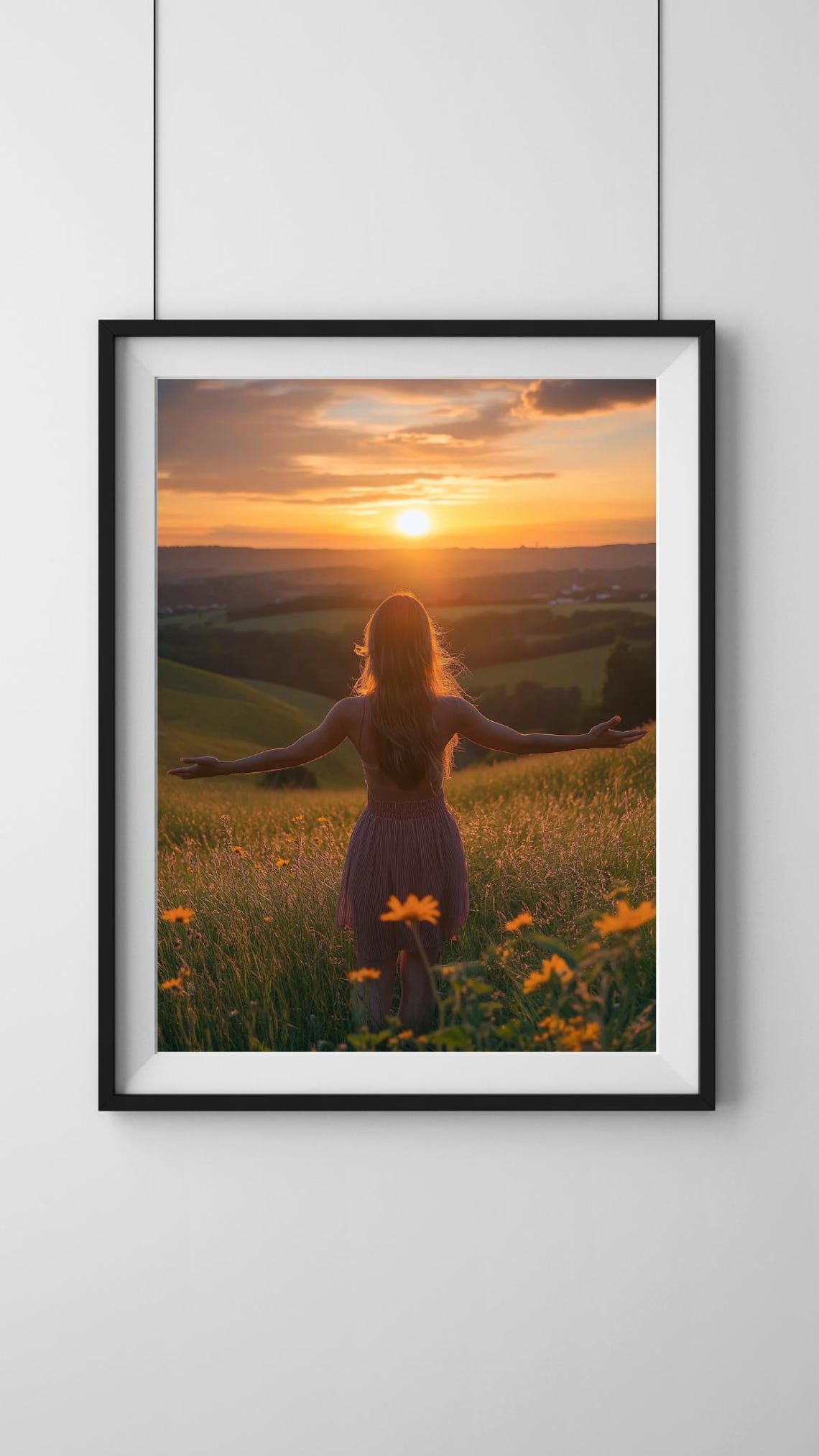 Woman in Wildflower Field Arms Open Toward Sunset Sky Poster