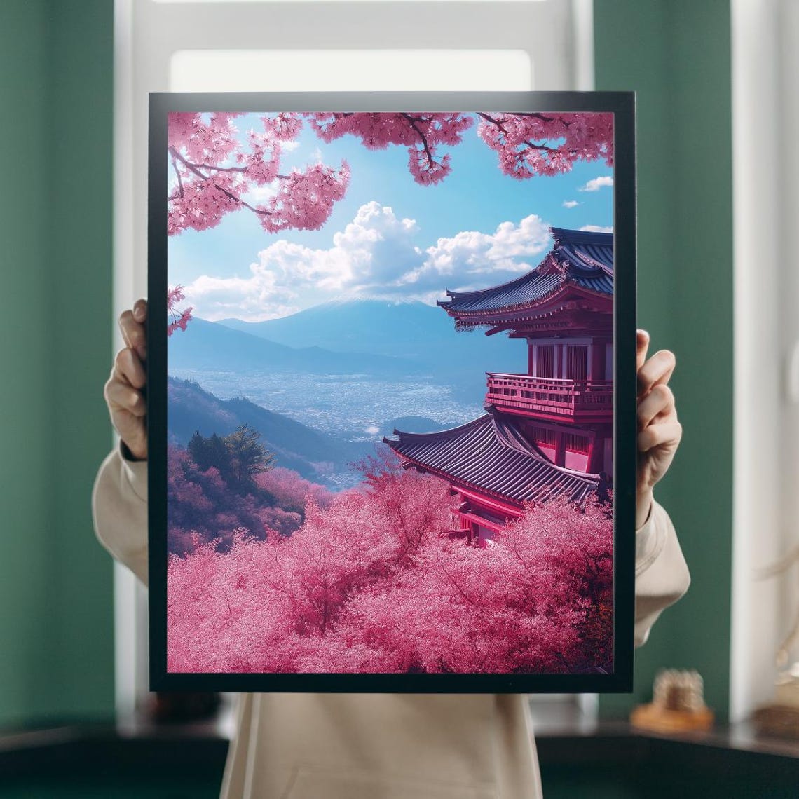 Red Pagoda Overlooking Mount Fuji Through Pink Cherry Blossoms Poster - Image 5