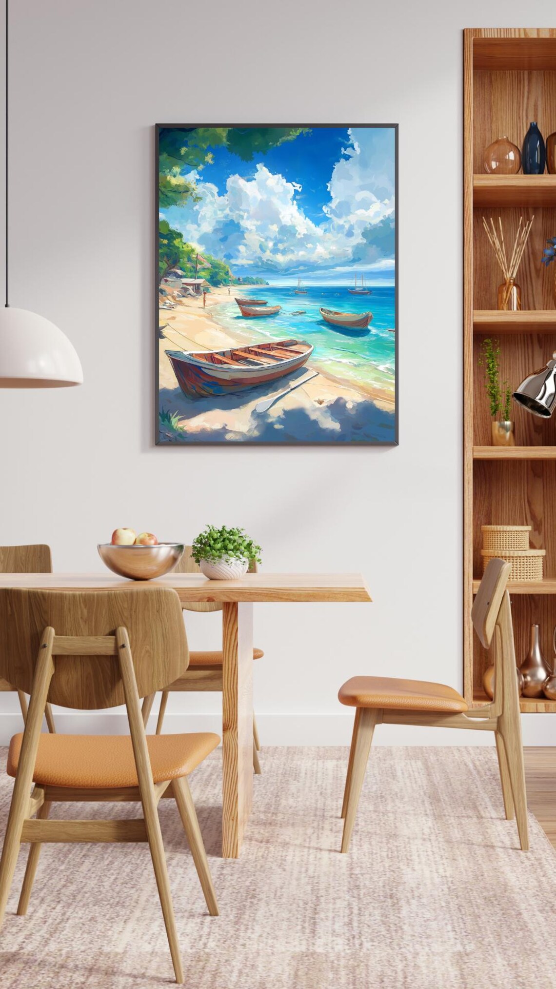 Painted Wooden Boats On Shoreline With Sailboats And Clouds Poster - Image 2