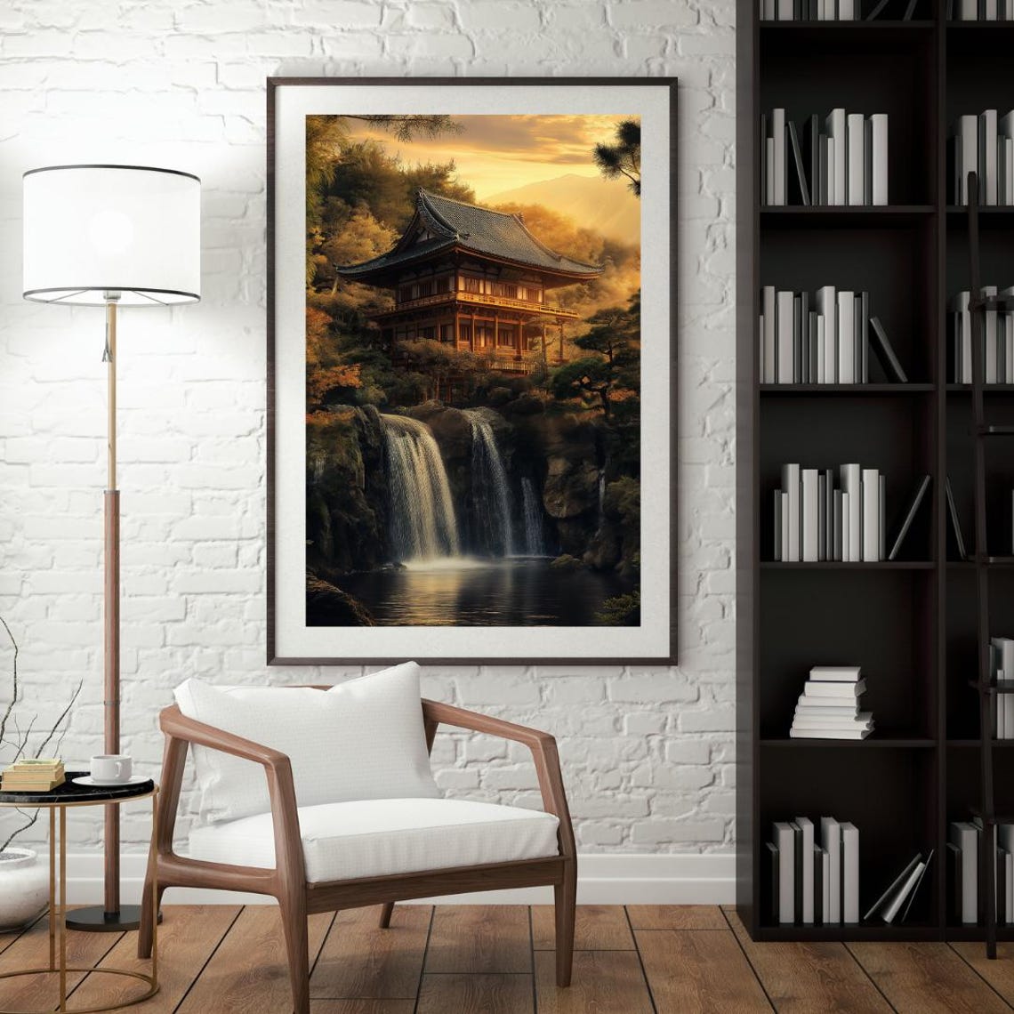 Golden Sunset Waterfall Temple In Japanese Forest Mountains Poster - Image 4