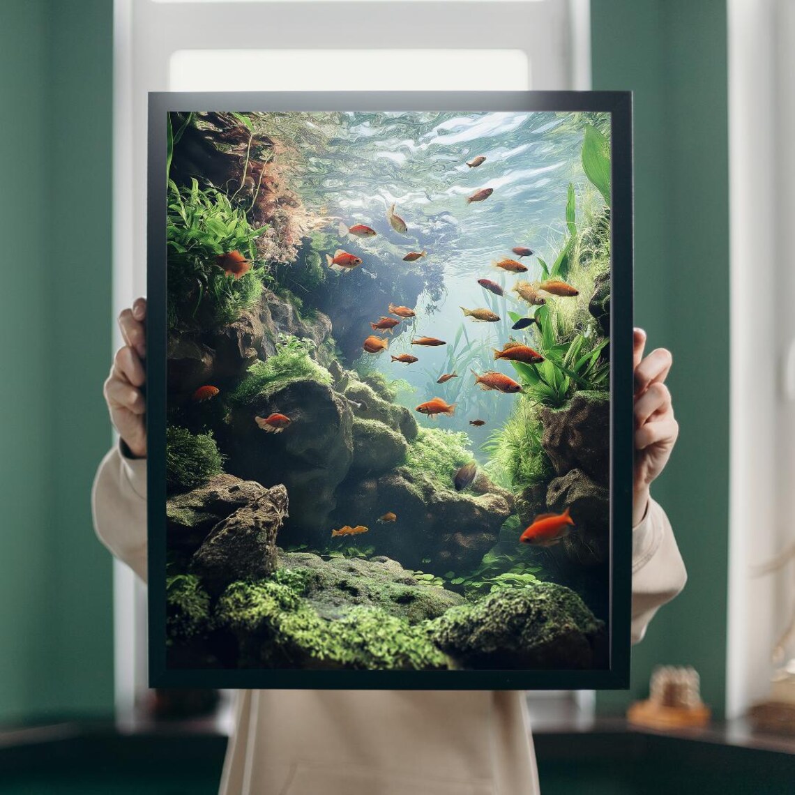 Underwater Forest with School of Orange Fish Green Nature Poster - Image 5