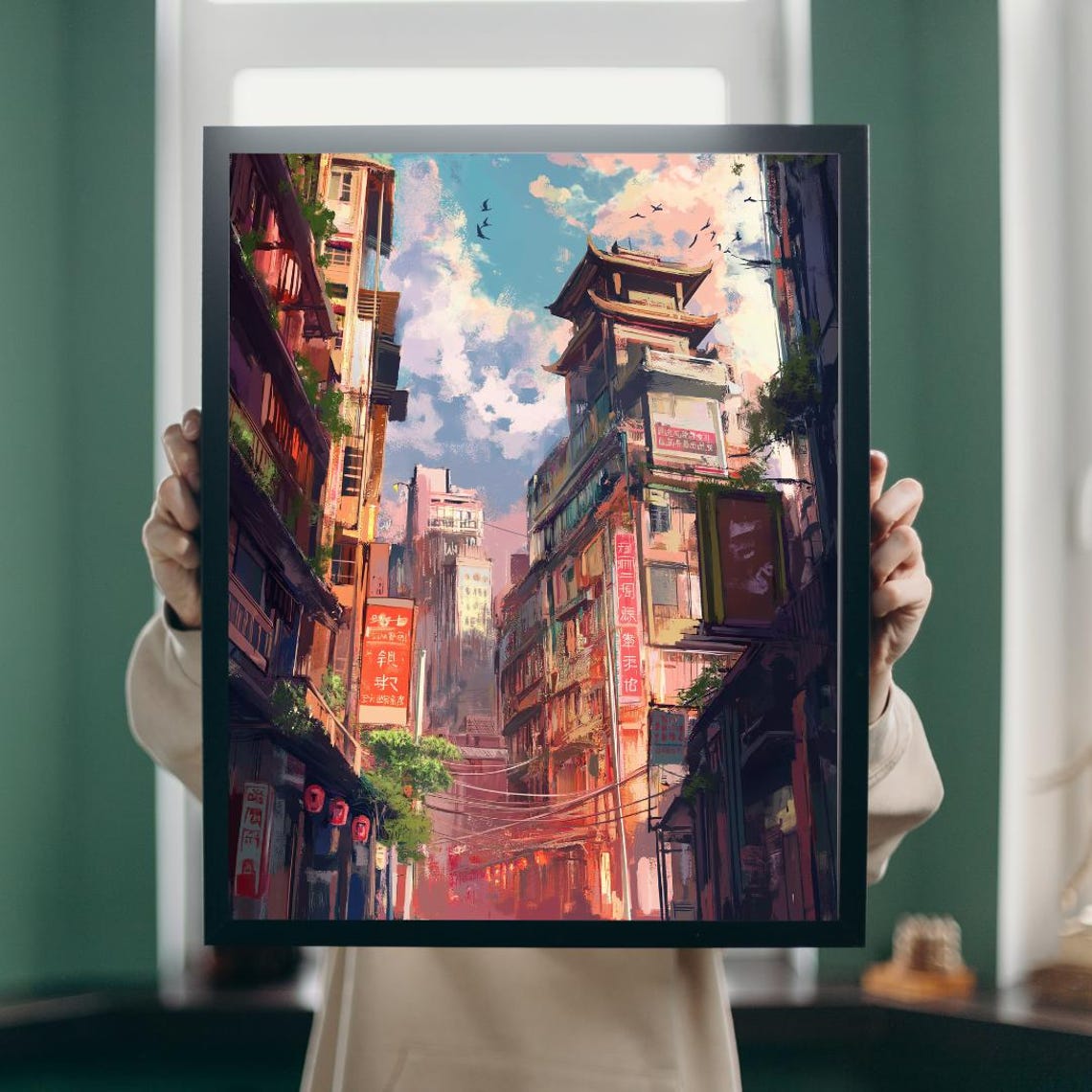 Pagoda Tower Above Bustling Asian City Street Illustration Poster - Image 5