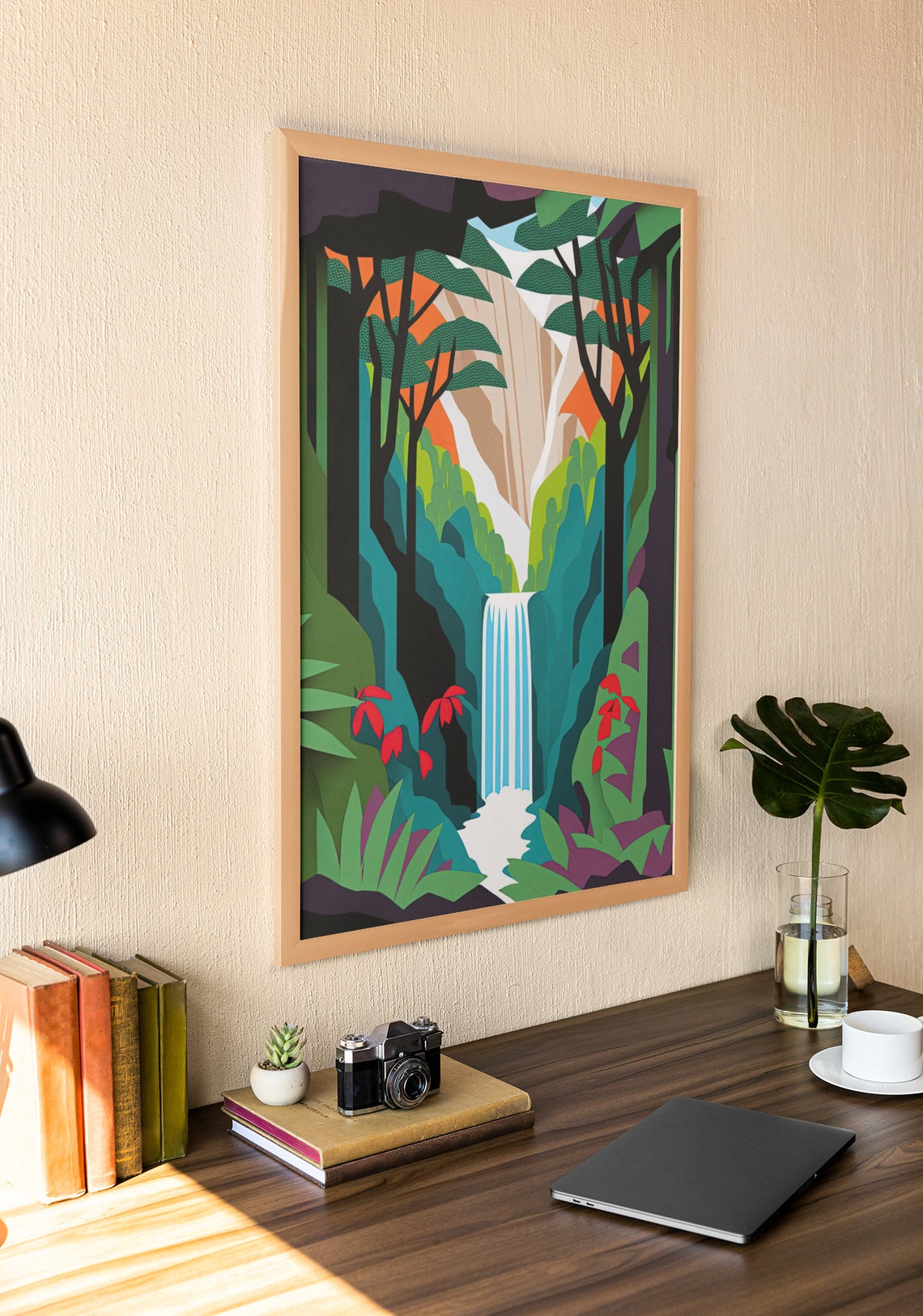Tropical Waterfall Jungle Geometric Modern Botanical Art Poster - Image 2