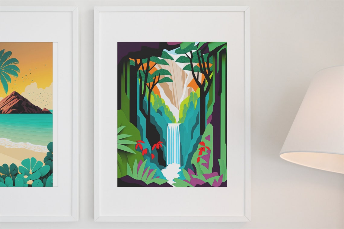 Tropical Waterfall Jungle Geometric Modern Botanical Art Poster - Image 3