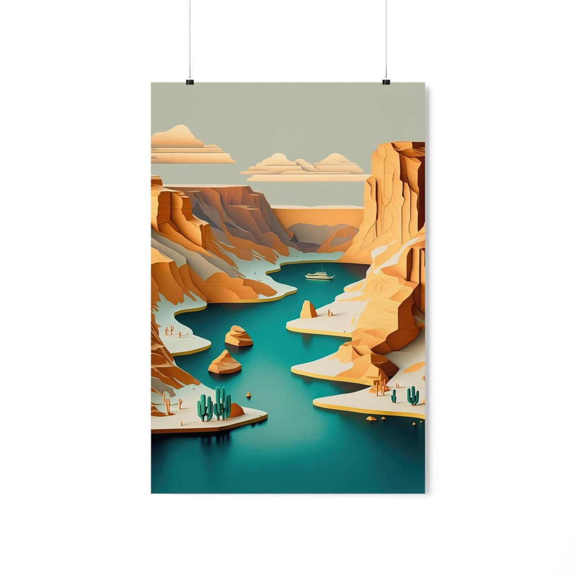 Desert Canyon River Boat Paper Cut Style Turquoise Water Poster - Image 3