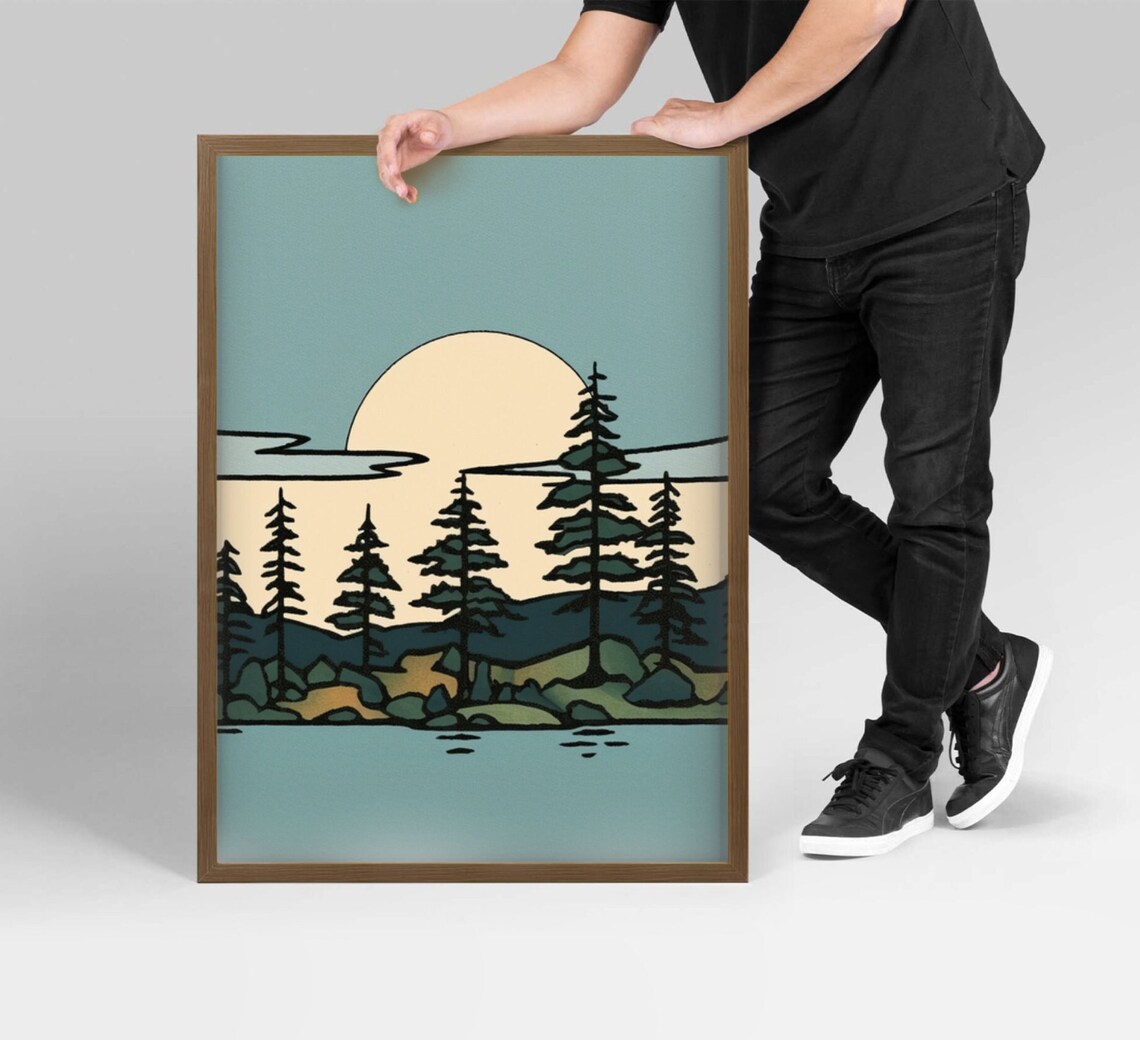 Minnesota Lake Sunset Retro Line Art Vintage Cabin Lodge Decor Print - Image 4