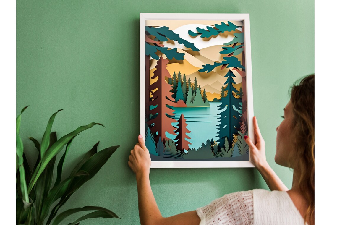 Layered Paper Cut Forest Lake Mountain Sunset Landscape Art Poster - Image 2