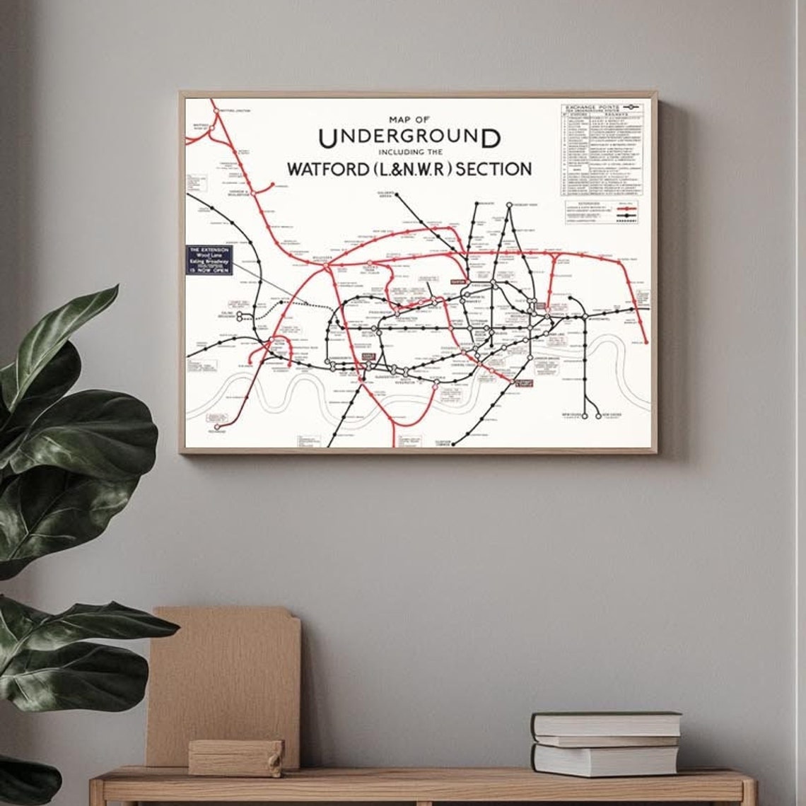 Vintage London Underground Watford Section Retro Transit Map Poster