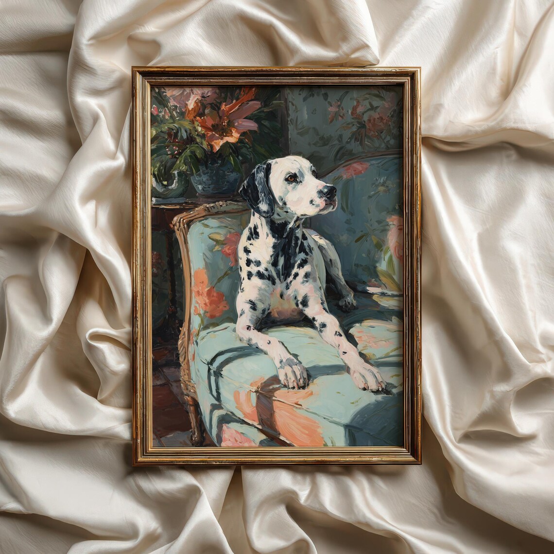 Dalmatian Dog On Floral Chair Chinoiserie Style Elegant Art Poster