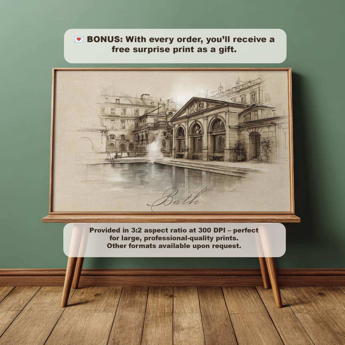 Roman Baths Bath England Vintage Pencil Sketch Architecture Poster