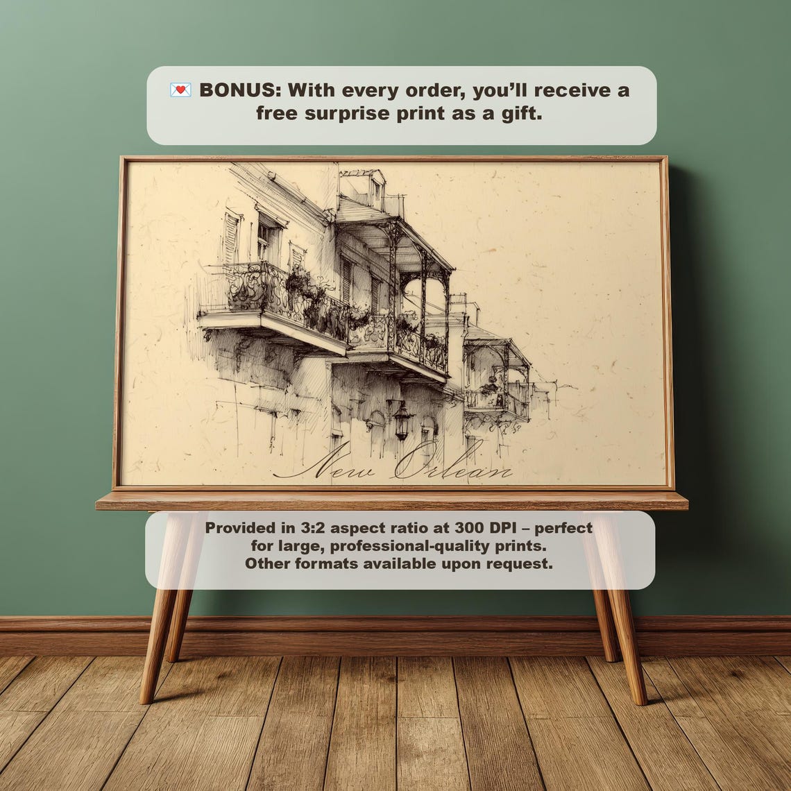 New Orleans French Quarter Iron Balcony Vintage Sketch Poster