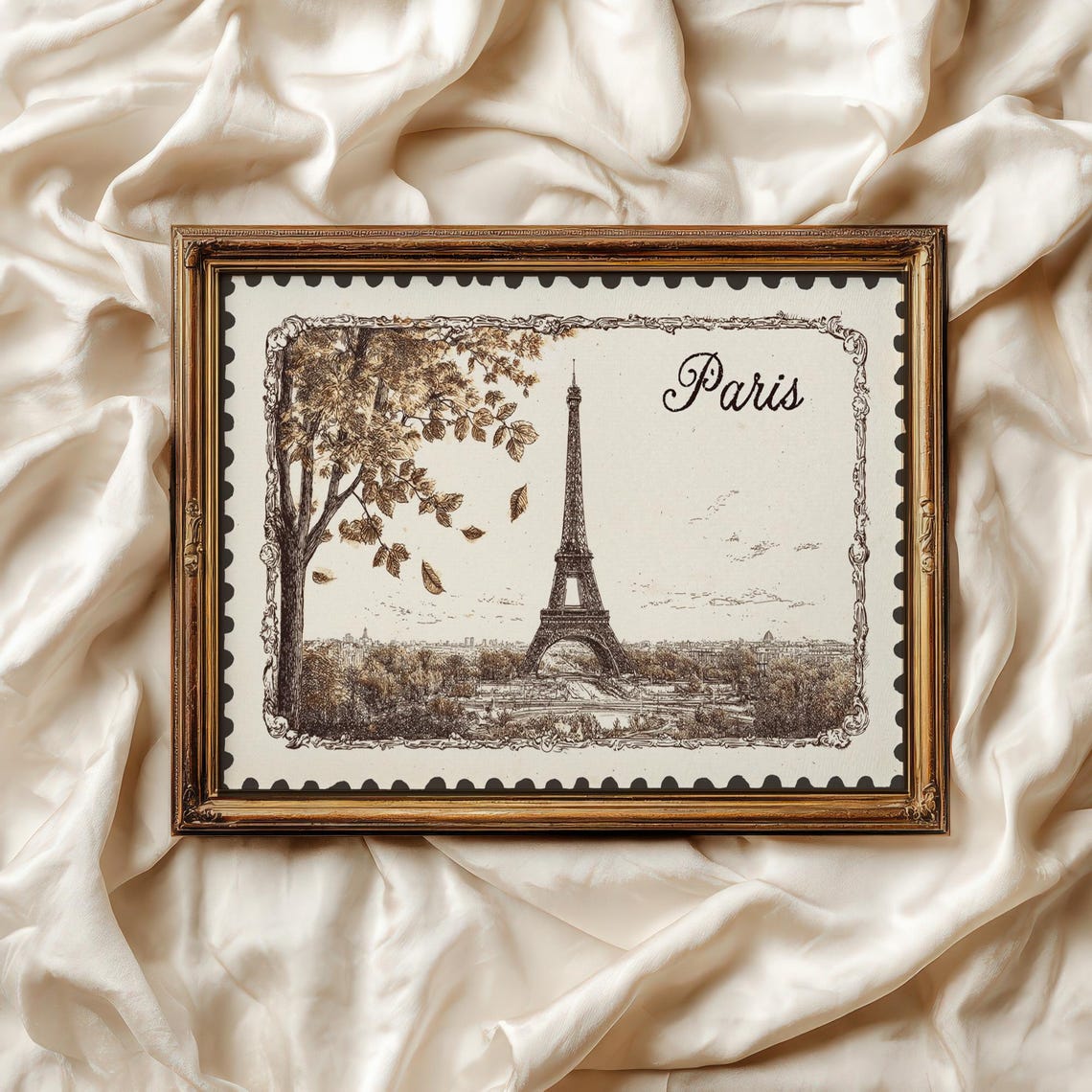 Vintage Paris Eiffel Tower Sepia Stamp Style Illustration Poster