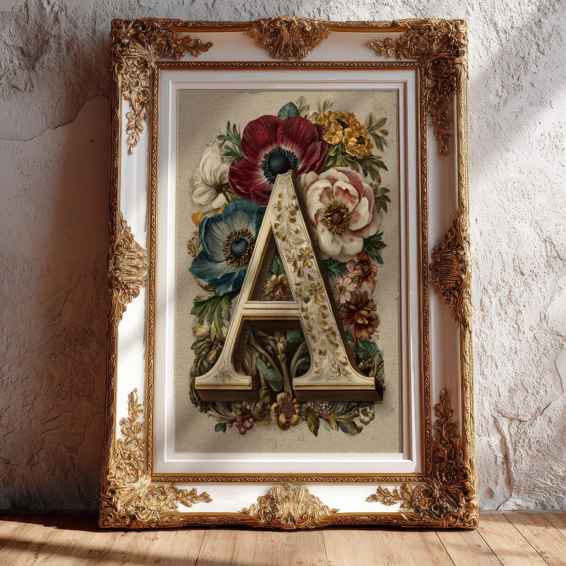 Victorian Floral Letter A Poster Antique Botanical Monogram Art