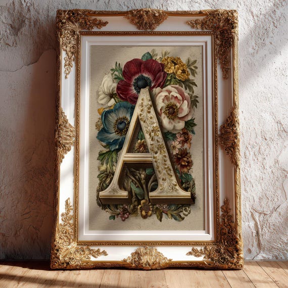 Personalized Victorian Floral Monogram Print Vintage Botanical Alphabet Art