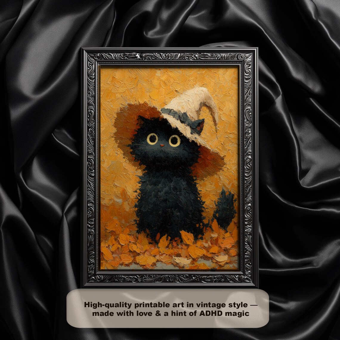 Black Cat Witch Hat Vintage Halloween Oil Painting Art Print