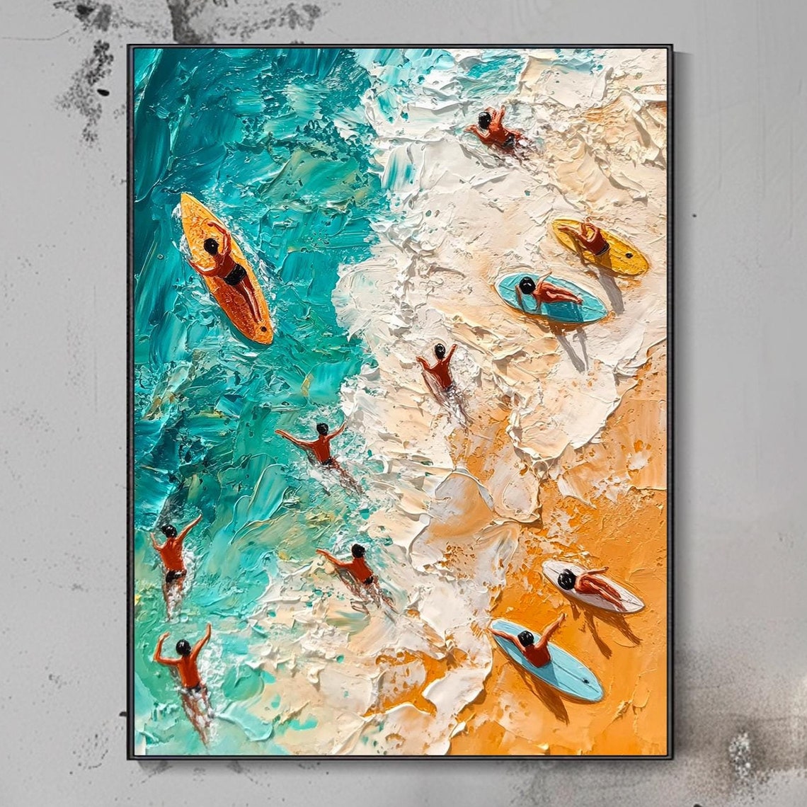 Aerial Surfers Riding Turquoise Waves Golden Sand Impasto Wall Art