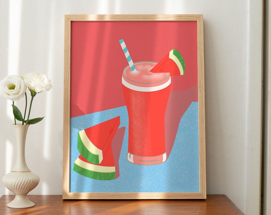 Watermelon Cocktail Illustration Vintage Print Wall Art