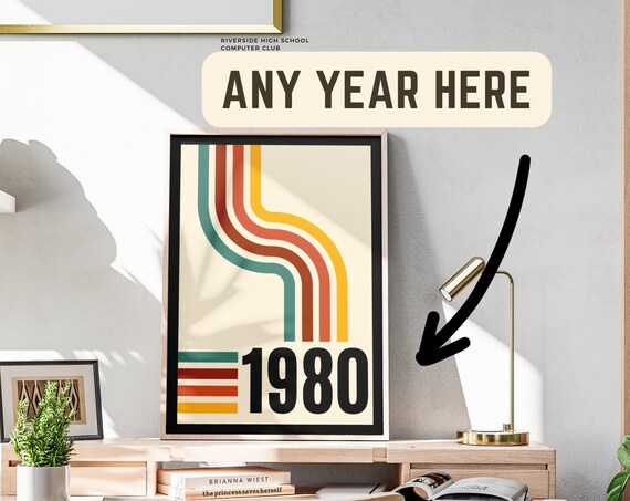 Personalized Retro Year Number With Groovy Rainbow Lines Wall Art