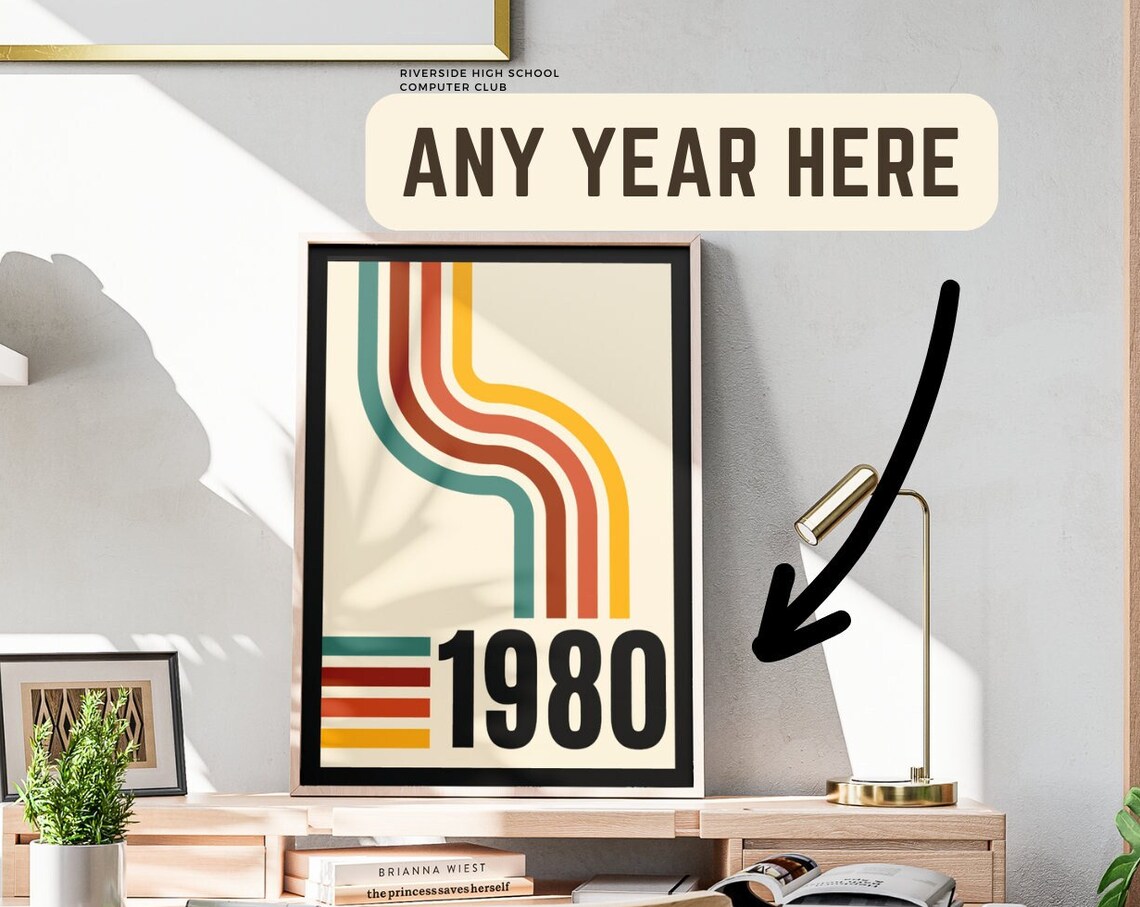 Personalized Retro Year Number With Groovy Rainbow Lines Wall Art