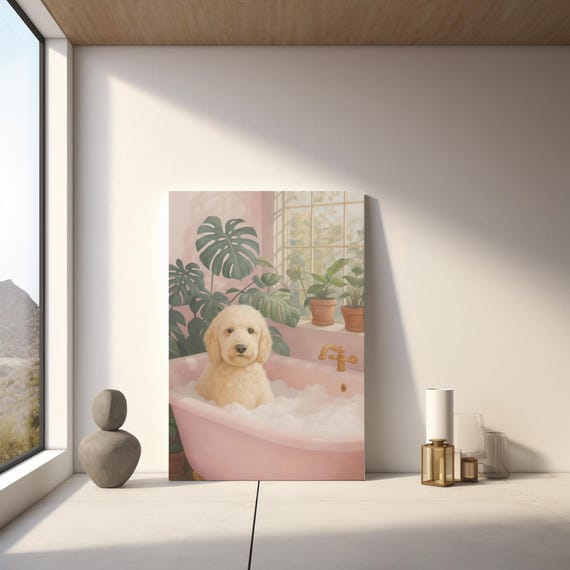 Funny Goldendoodle Art Doodle In Bathtub Print Modern Pet Wall Decor Instant