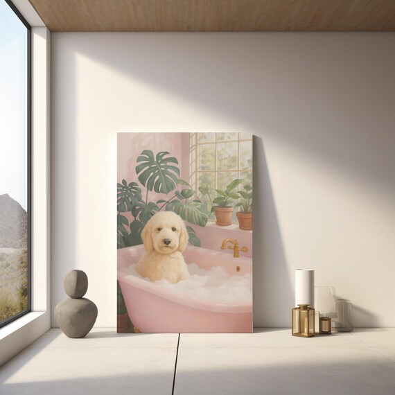 Goldendoodle Puppy in Pink Bathtub Bubble Bath Cute Dog Wall Poster