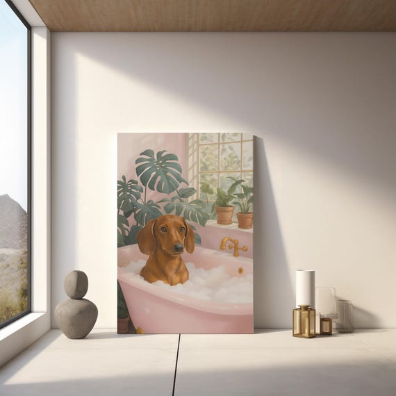 Funny Daschund Art Doxie In Bathtub Print Modern Pet Wall Decor Instant