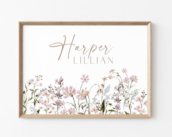 Wildflower Girl Nursery Name Sign, Boho Nursery Art Print