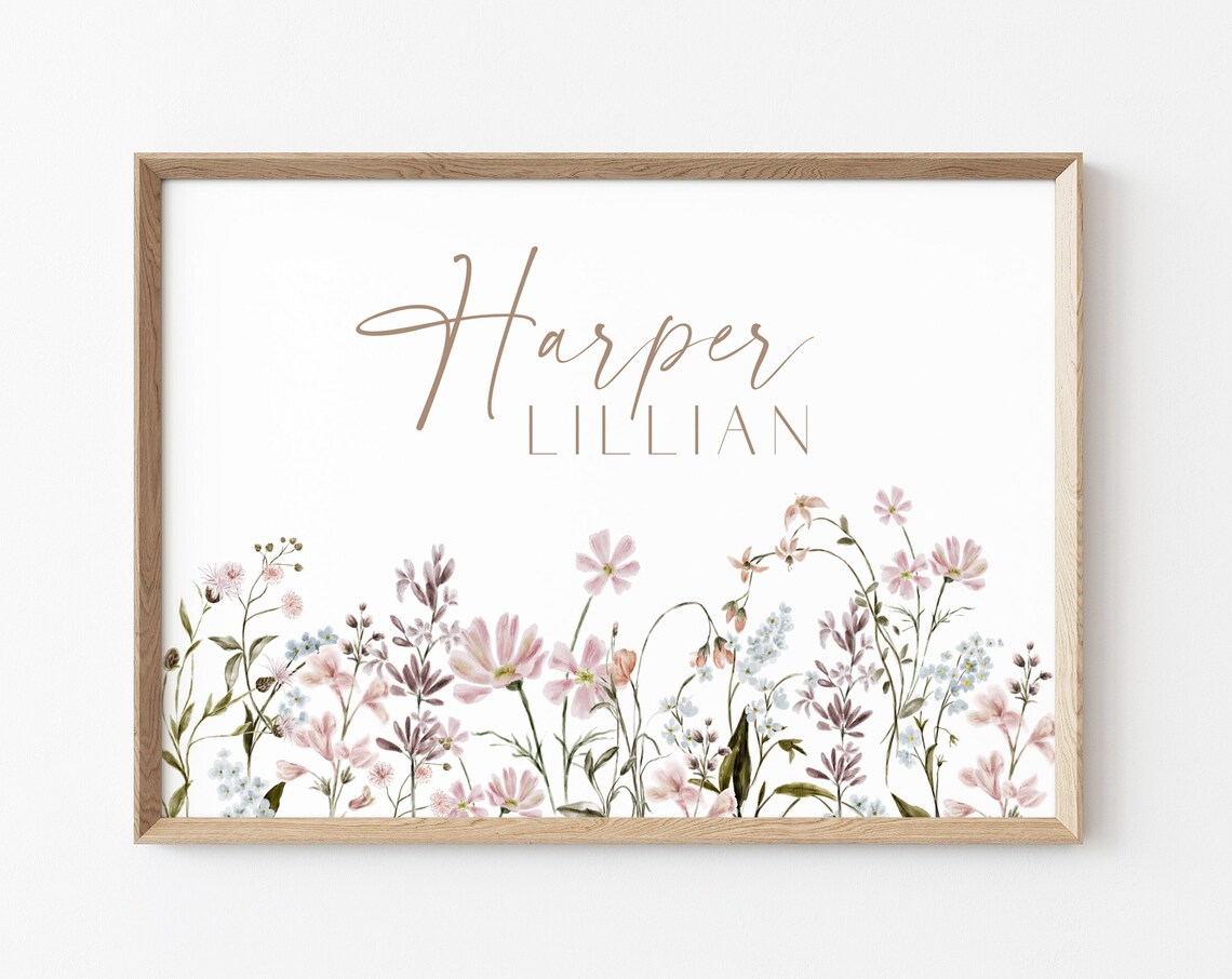 Wildflower Girl Nursery Name Sign, Boho Nursery Art Print