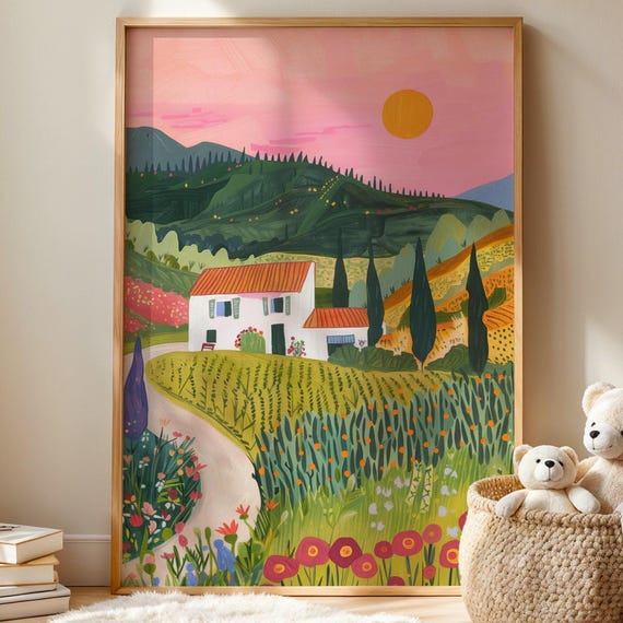 Nature Landscape Poster Colorful Cottage Sunset Scene Print Illustration For Country Home Whimsical Drawing