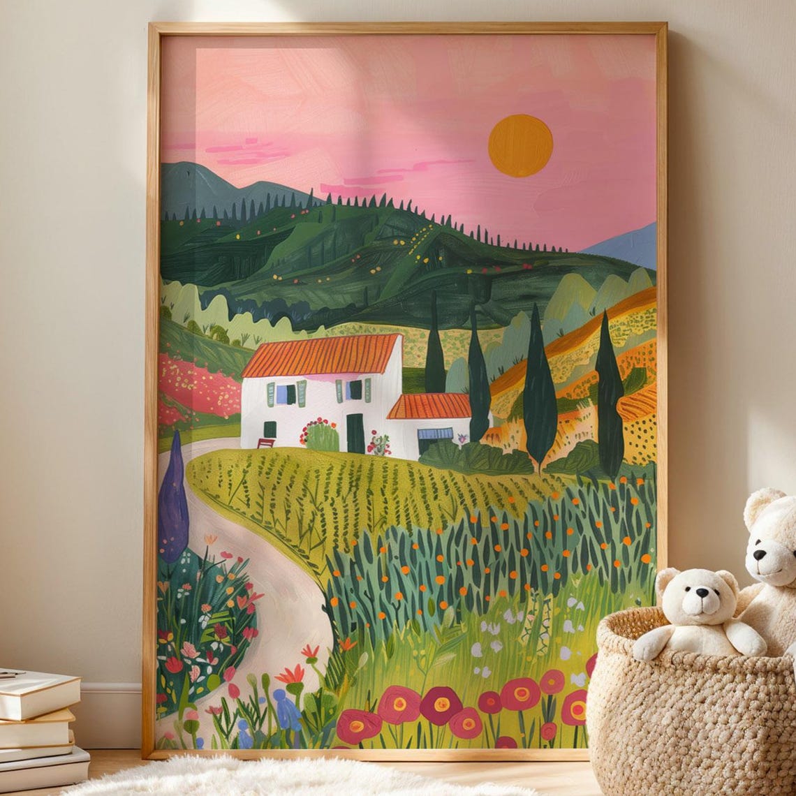 Countryside Cottage Under Pink Sunset Wildflower Meadow Wall Art