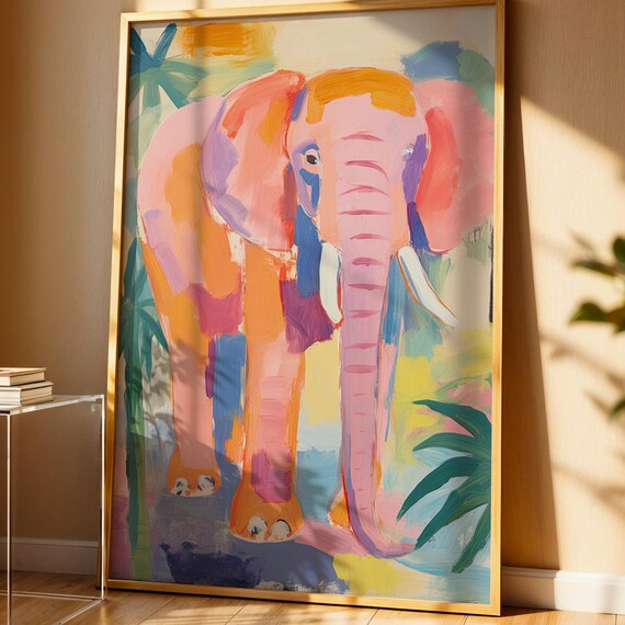 Jungle Animal Poster Colorful Elephant Wall Art Print Illustration For Kids Room Or Playroom Vibrant Drawing