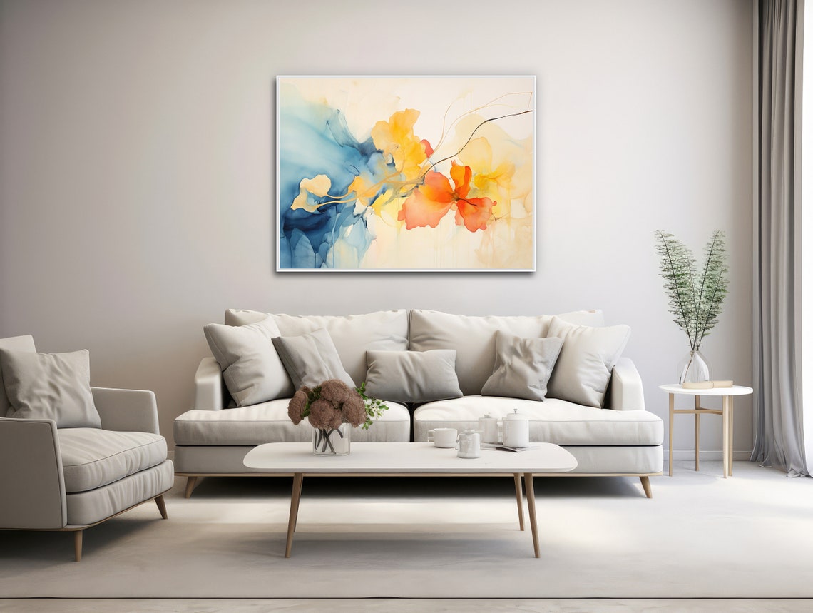Soft Blue Yellow Orange Watercolor Flowers Abstract Floral Poster - Image 3